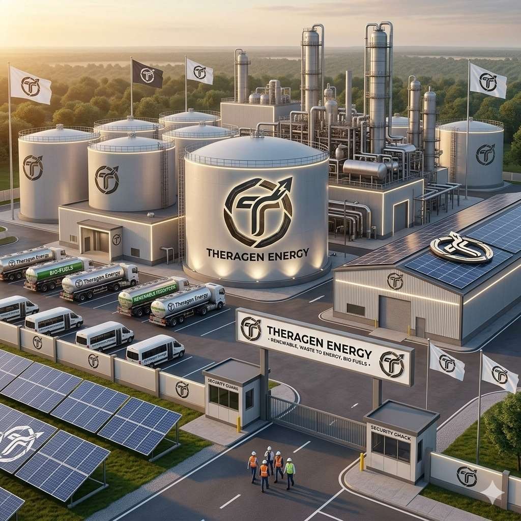 Aerial view of a Theragen plant with storage tanks and fuel trucks