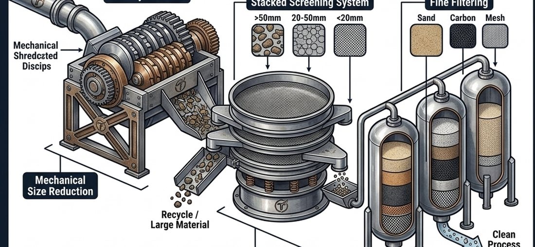 Mechanical size reduction, screening and filtering schematic